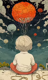 an illustrated image of a person sitting with a bunch of balloons flying above