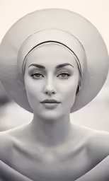 a model wearing an unusual white hat