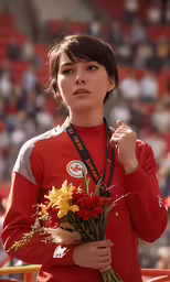 an asian woman in a red top is standing with a medal