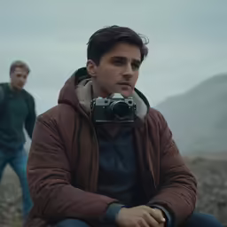 two men on an outdoor beach and one of them is holding a camera
