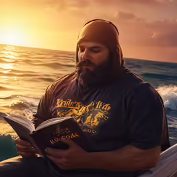 man with head scarf sitting in boat reading a book