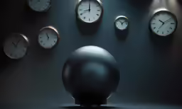clocks on the wall and around an empty black vase