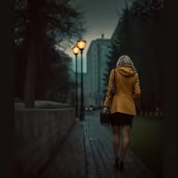 a woman in yellow jacket walking down a brick road