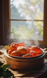 a bowl of oranges sitting on a table next to a window