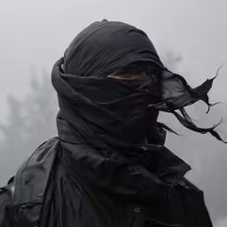 a man in a black hood and black scarf standing in a fog