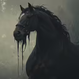 a horse with some icicles on its face and neck