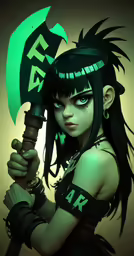 an anime girl with green hair holding a umbrella