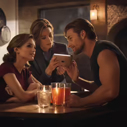 people sitting around a table looking at an electronic device