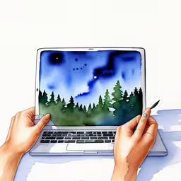 a person is drawing on a laptop with a pen,a drawing of someone