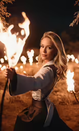 a woman is holding fire in her hand