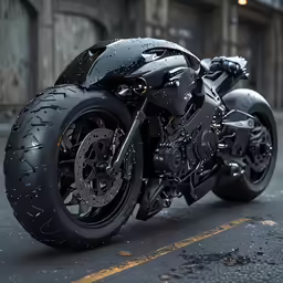 the black motorcycle is parked on the street