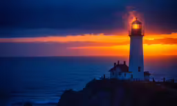 a lighthouse lit up at sunset by the ocean