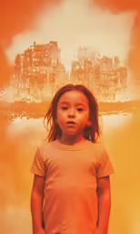a little girl standing in front of an orange background
