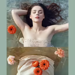 an image of a woman taking a dip in the water with flowers
