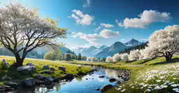 an animated illustration of the scenery with mountains and river