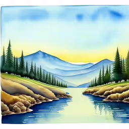 a painting of mountains and trees by a river,a painting of water and mountains with trees in the foreground