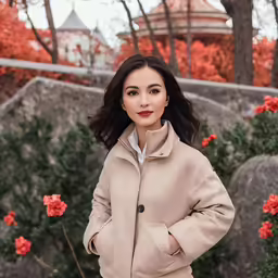 a woman standing in front of some flowers