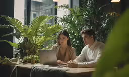 there are people sitting at a table working on the laptop
