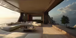a living area overlooking the ocean and the sun