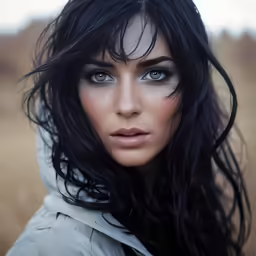 a woman with wet hair and blue eyes looks over her shoulder