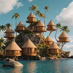 an island surrounded by palm trees with thatched roofs