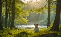 a dog sits in the shade by the water