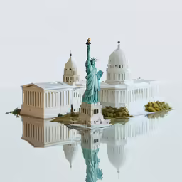 the statue of liberty is standing on the water next to buildings