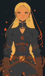 a girl standing with long blonde hair and armor on