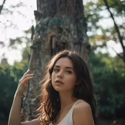 a woman standing in front of a tree