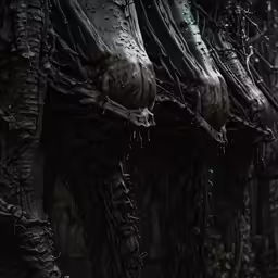 a group of people with their feet dangling over branches