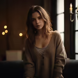 a beautiful young woman sitting on a couch in a dark room