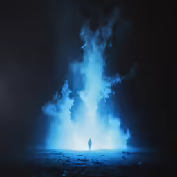 a person stands at the end of a fire with bright blue smoke