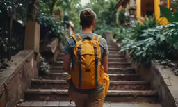 a man wearing a yellow backpack and tan pants walking up stairs