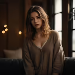 a woman in brown top standing next to window