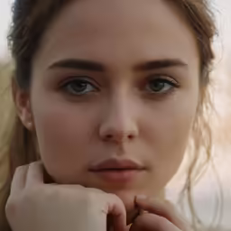 a woman looking into the distance with her hand on her chin