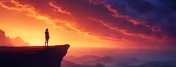 a person standing on a cliff near the ocean at sunset