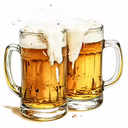 a pair of beer mugs with whipped cream topping