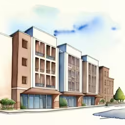 a watercolor painting shows a row of apartments,there is an artistic drawing of a multi - story building,an artist