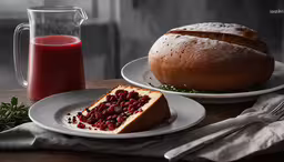 a bread and baguette are ready to eat,this cake is on two white plates next to a loaf of bread