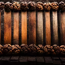 coffee beans on top of an old fashioned bench
