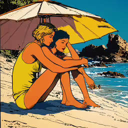 an image of two people sitting on the sand,two women are sitting on a beach under an umbrella