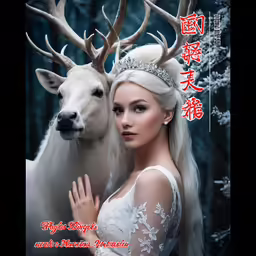 a woman in white poses with an animal and a chinese word