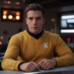 a male in a yellow shirt sits at a table