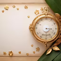 a gold clock surrounded by heart shaped gold leaves
