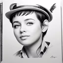 a drawing of a young woman with a cap on