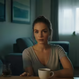 woman sitting at a table with coffee in front of her