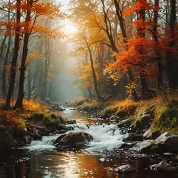 stream running through a forest with autumn colored foliage