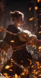 a woman wearing a medieval costume has her arms outstretched to rope