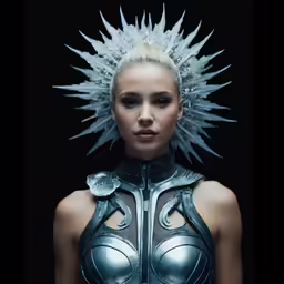 a woman with a spiked helmet on her head