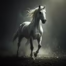 a white horse running in the fog with long hair